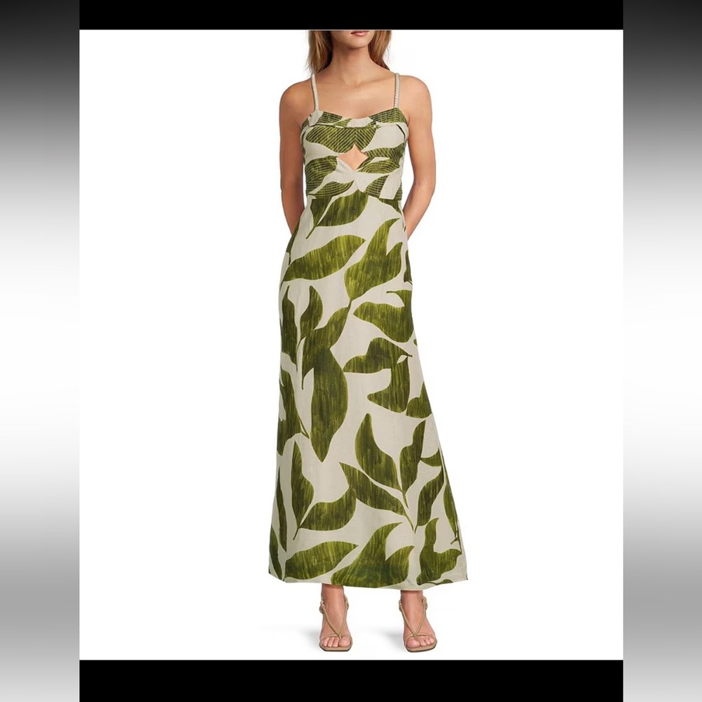ANTONIO MELANI Green and Cream Leaf-Print Maxi Dress
